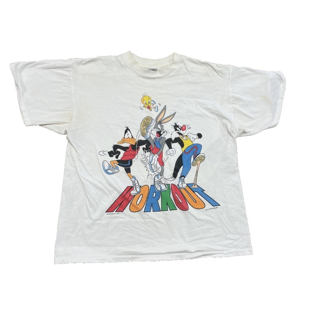 Vintage Looney Tunes Workout Graphic T Shirt Men XL White 1990s Looney Tunes